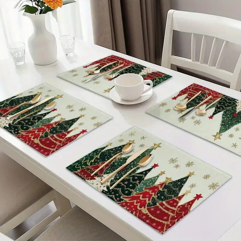 Square linen Christmas table mat, 30 x 45cm, with printed Christmas tree design and fourteen colour options.