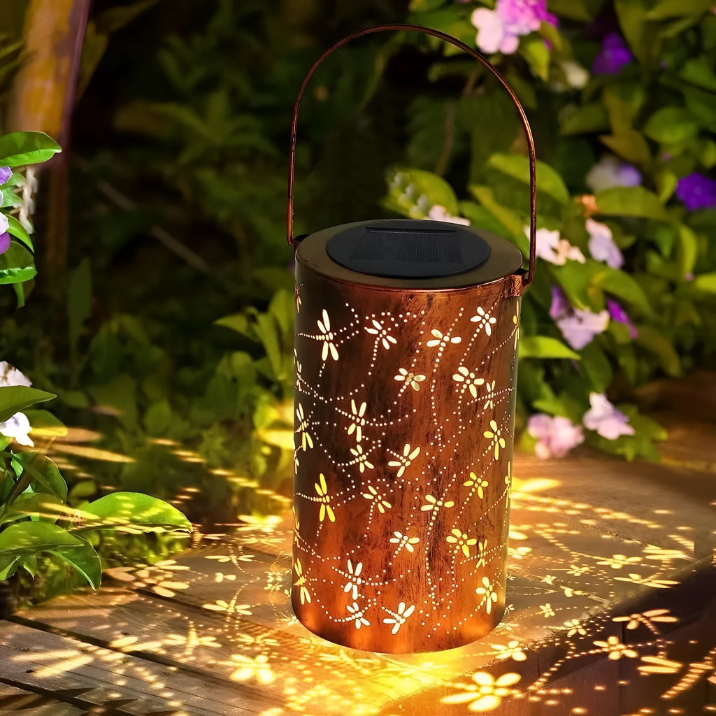 Solar courtyard ceiling lamp with iron hanging construction and weatherproof design