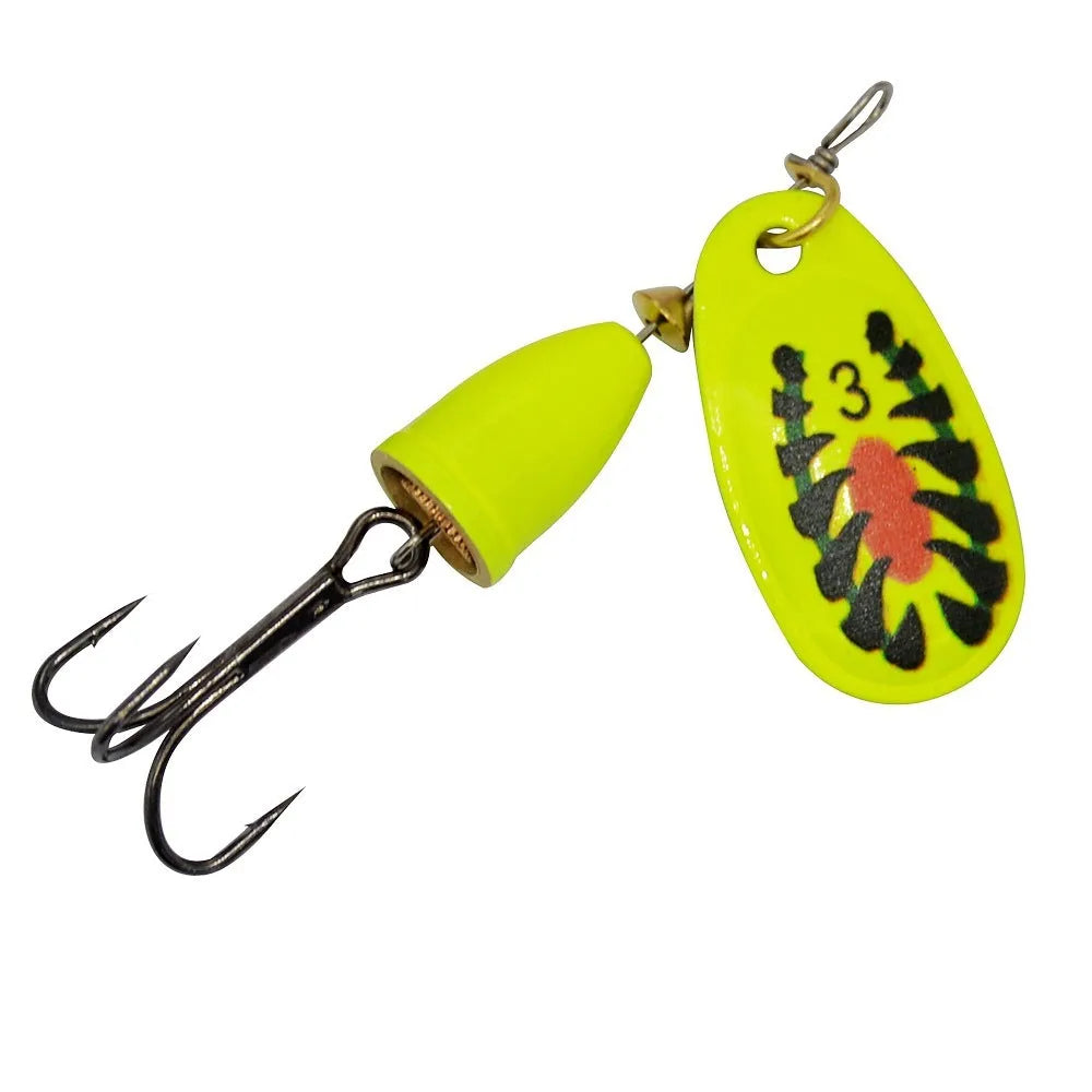 R composite rotating sequins copper bell metal fishing lure in multiple colour options on a white background.