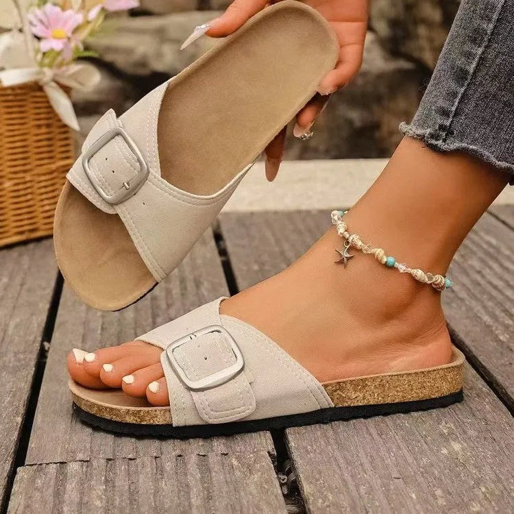 Women's open toe sandals with belt buckle, canvas upper, shown in black, dark brown and light grey