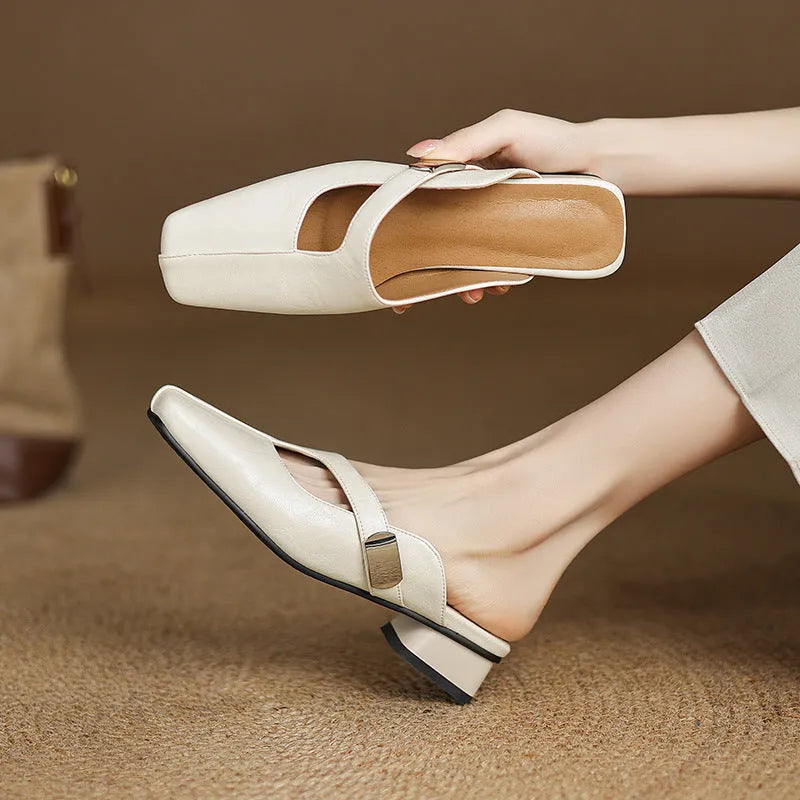 Square head low heel leisure slipper in artificial PU, shown in black, beige, and silver colour options.
