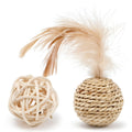 Two cat toy balls: one rattan ball and one faux feather ball with bells