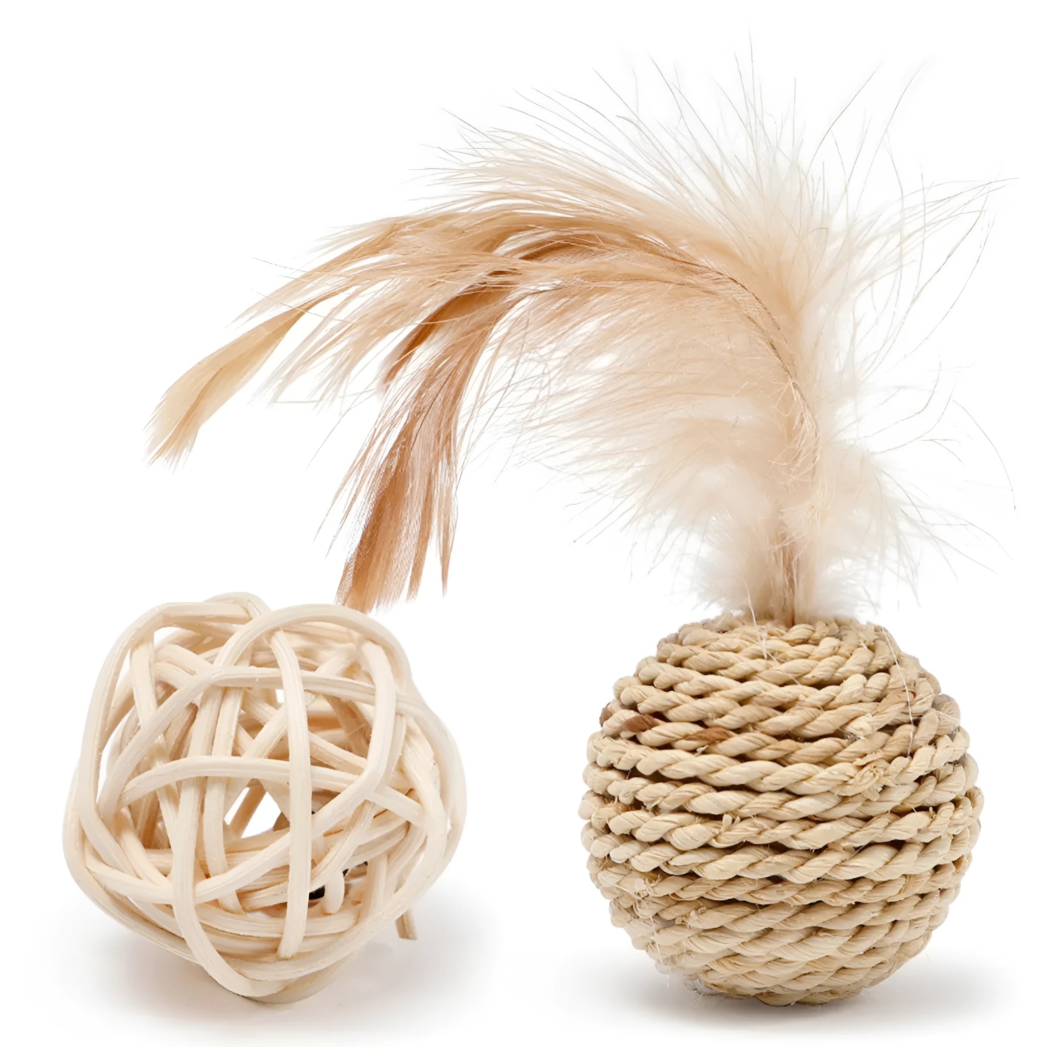 Two cat toy balls: one rattan ball and one faux feather ball with bells
