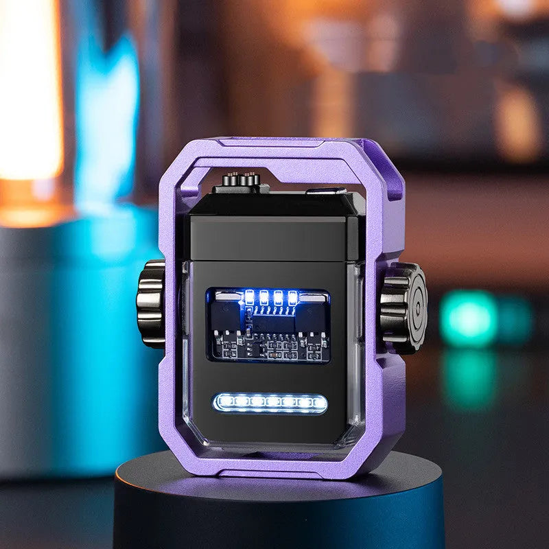 Blue zinc alloy electric arc lighter with a spinning mechanical gyroscope on a black background.
