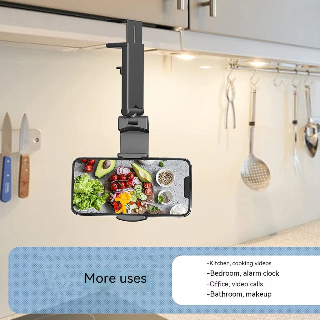Foldable rotating universal mobile phone holder in black, shown open and closed, on a desk.