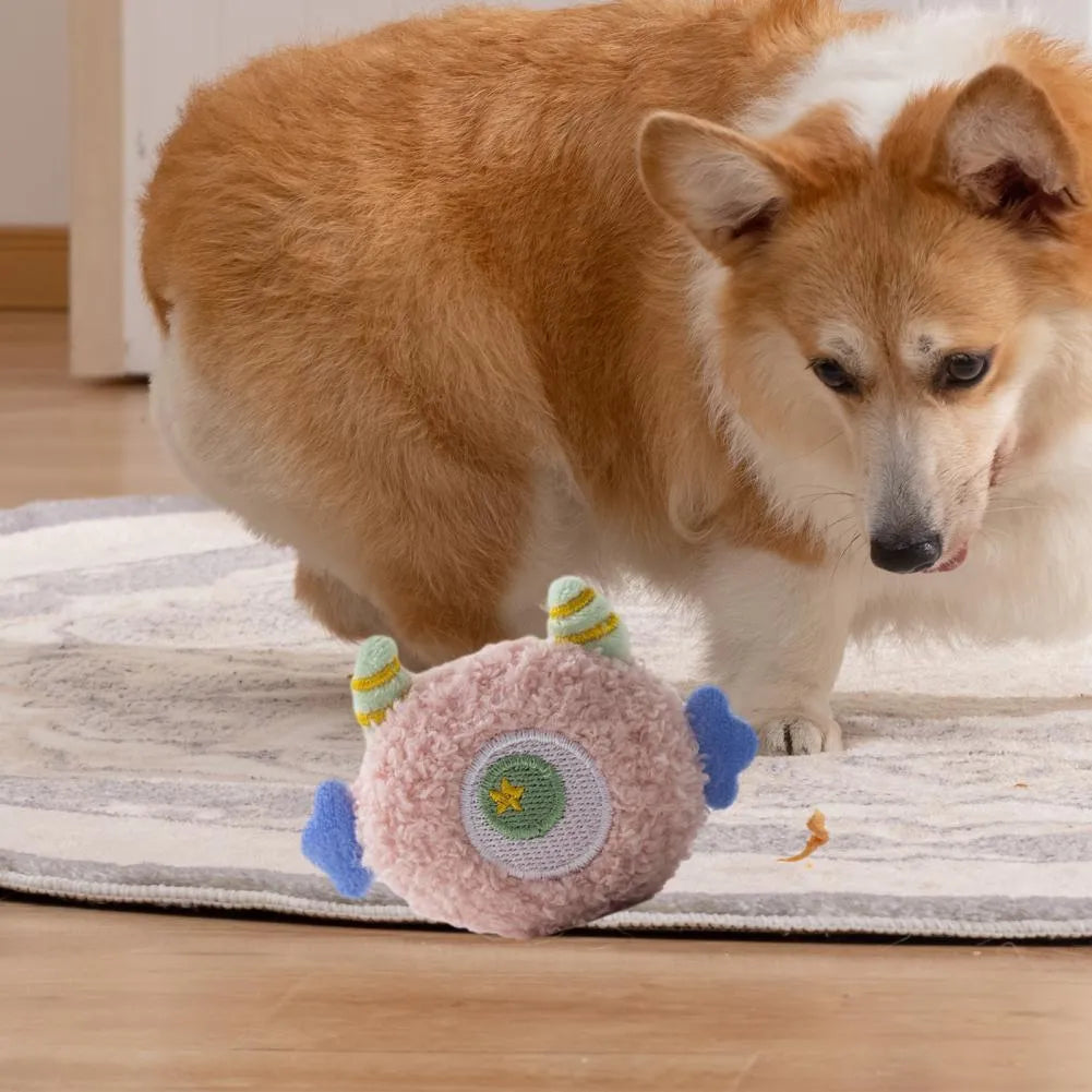 Cartoon-shaped plush dog chew toy with big eyes in multiple colour options