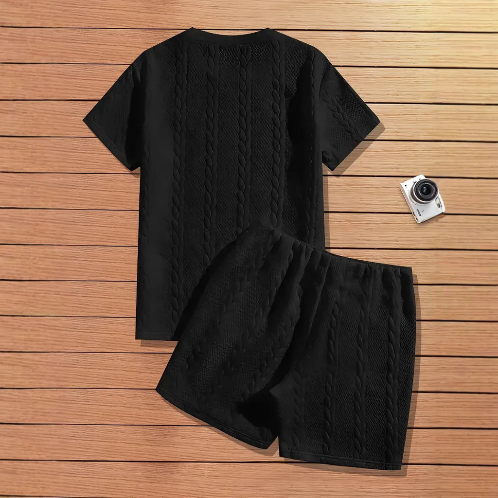Men's black rib short sleeve sports T-shirt and matching shorts two-piece set with patch design