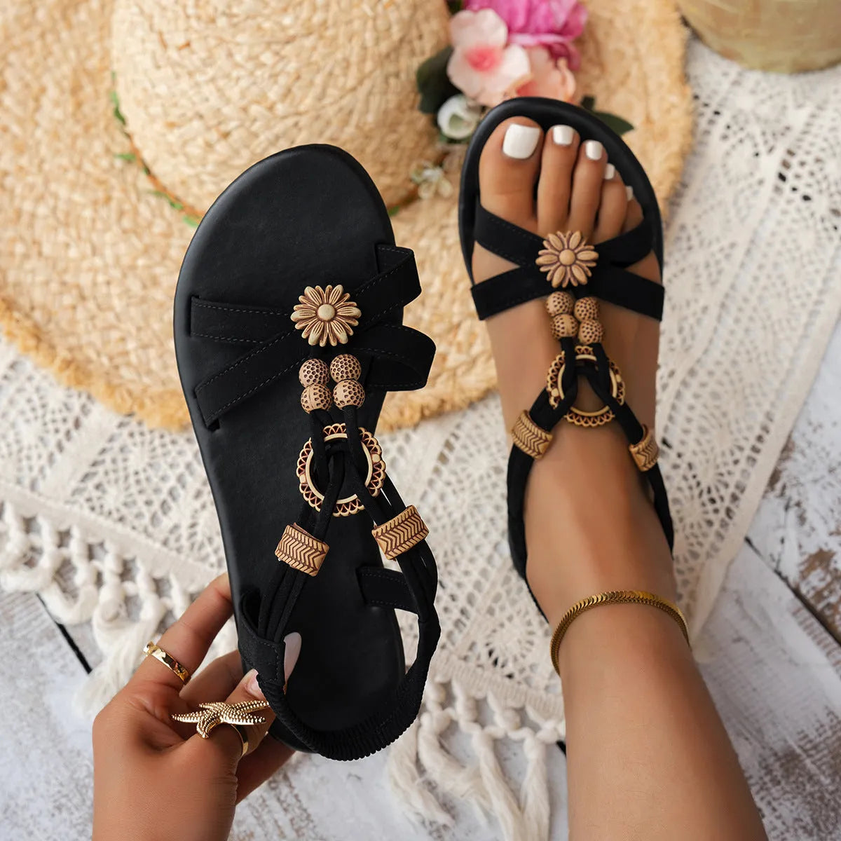 Black ethnic style women's flat sandals with beaded weave and rhinestone decoration, open toe design with elastic band