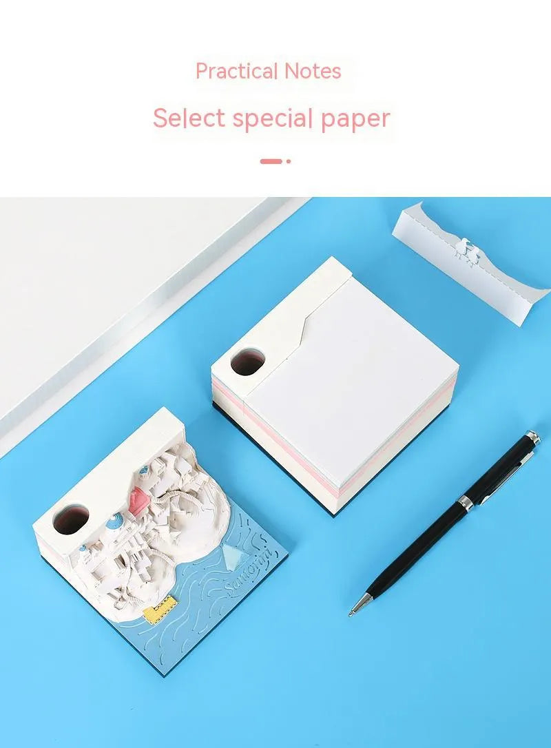 Santorini 3D paper carving notepad building model with lighting decoration showing beach scene design