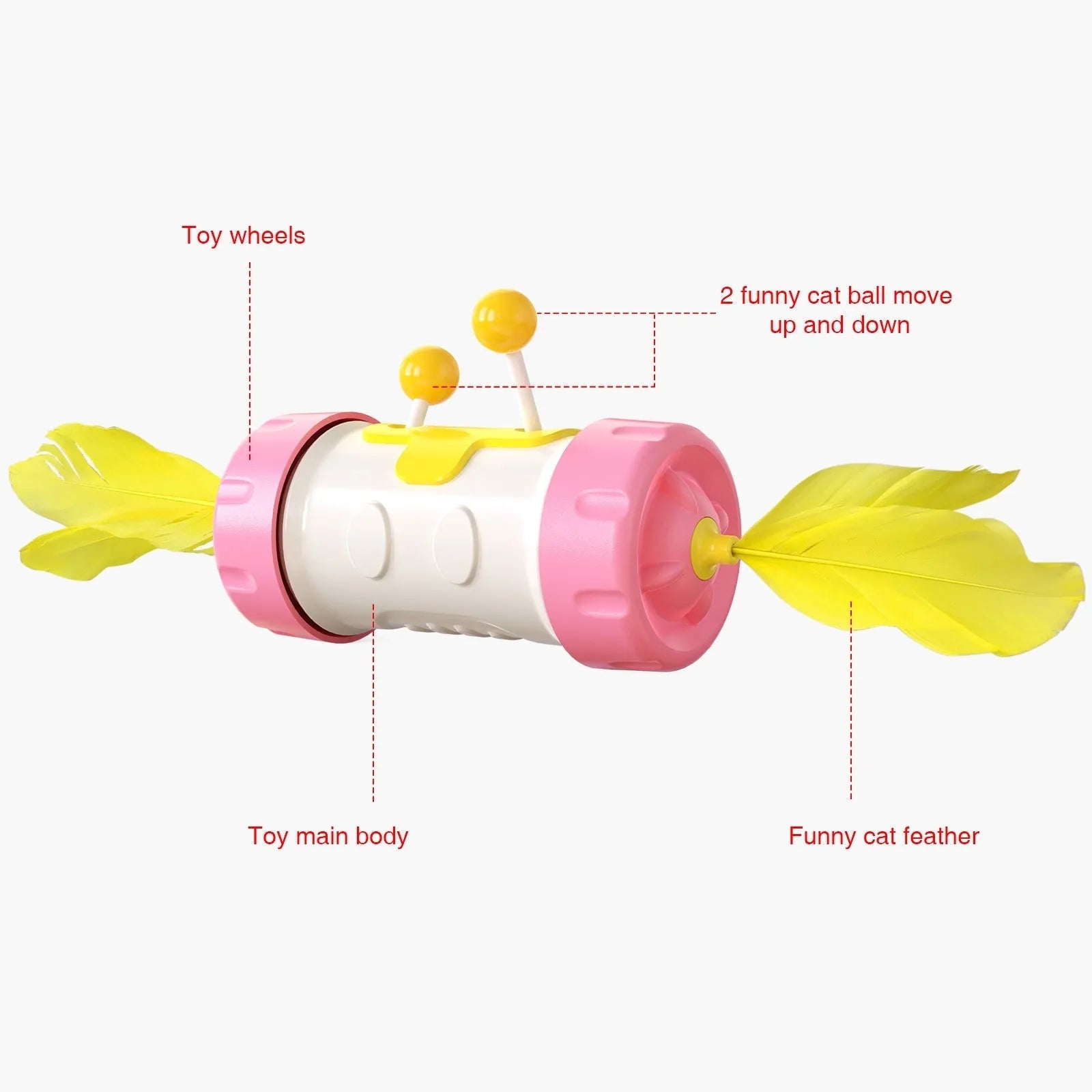 Interactive cat stick toy with blue feather ball and wobbly yellow tumbler base on a carpet.