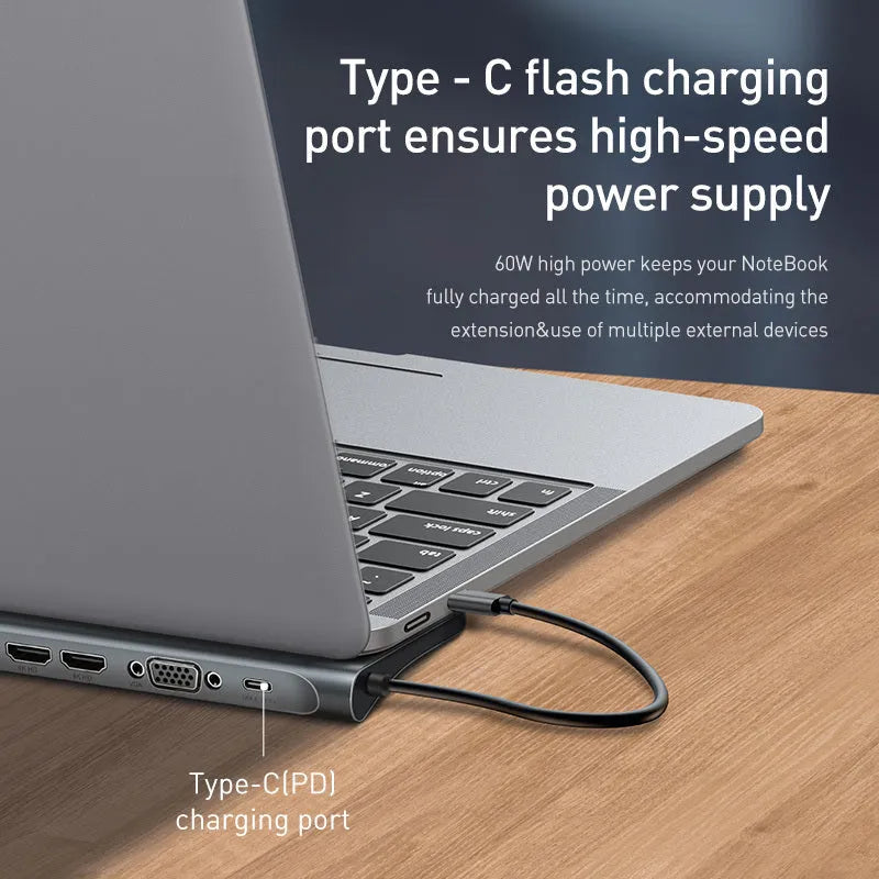 Grey aluminium alloy ten-port docking station hub with cooling bracket showing HDMI, VGA and USB ports