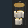 Large gold mesh disc chandelier with multiple pendant heads against a light ceiling