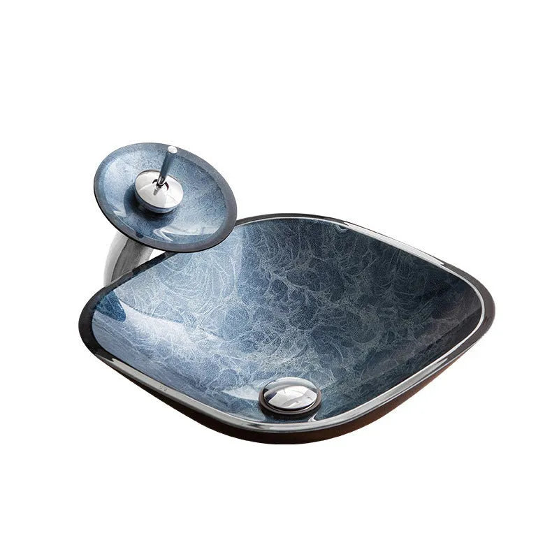 Blue grey foil tempered glass table basin for bathroom installation on a vanity unit.
