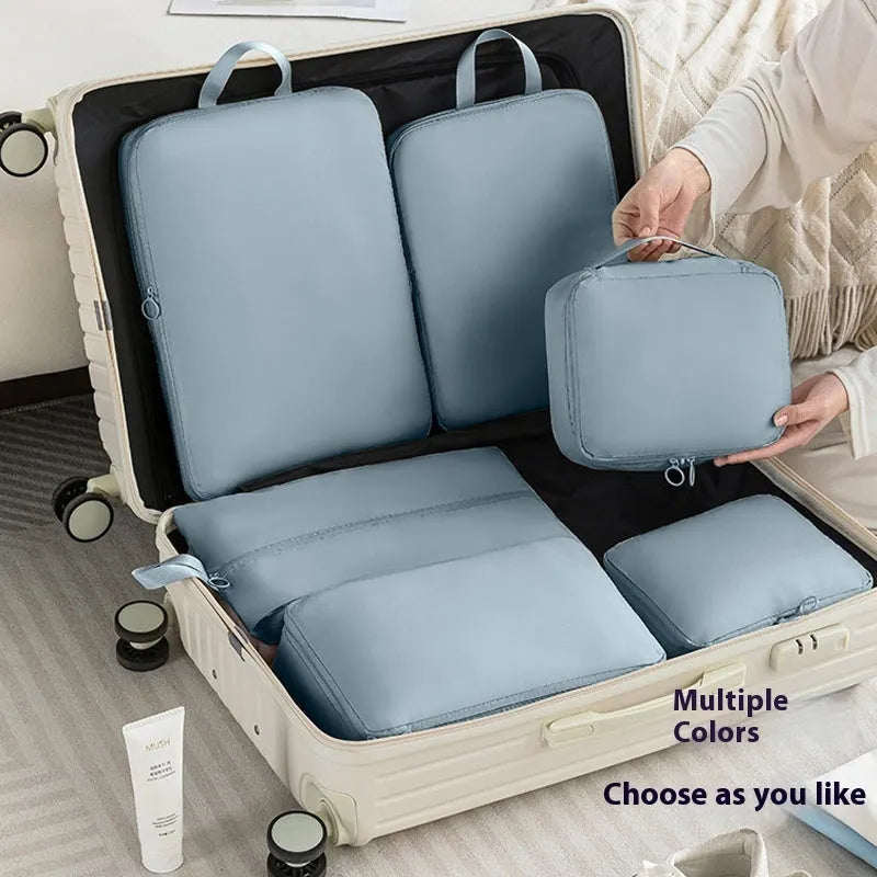 Travel buggy bag in memory cloth with polyester lining, six-piece compressed clothing set, 36-55L capacity, solid colour