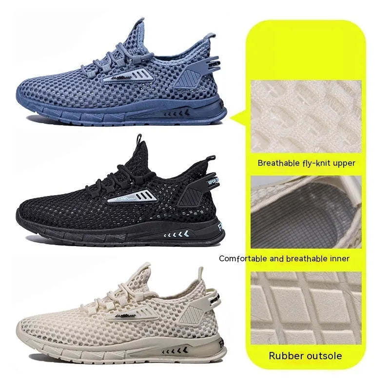 Men's beige synthetic leather and mesh casual sneaker with white EVA sole and lace-up front.
