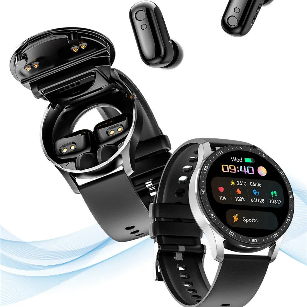 Black X7 smart watch with TWS Bluetooth earphones on wrist, showing 1.32-inch HD touch screen and zinc-aluminium alloy case.