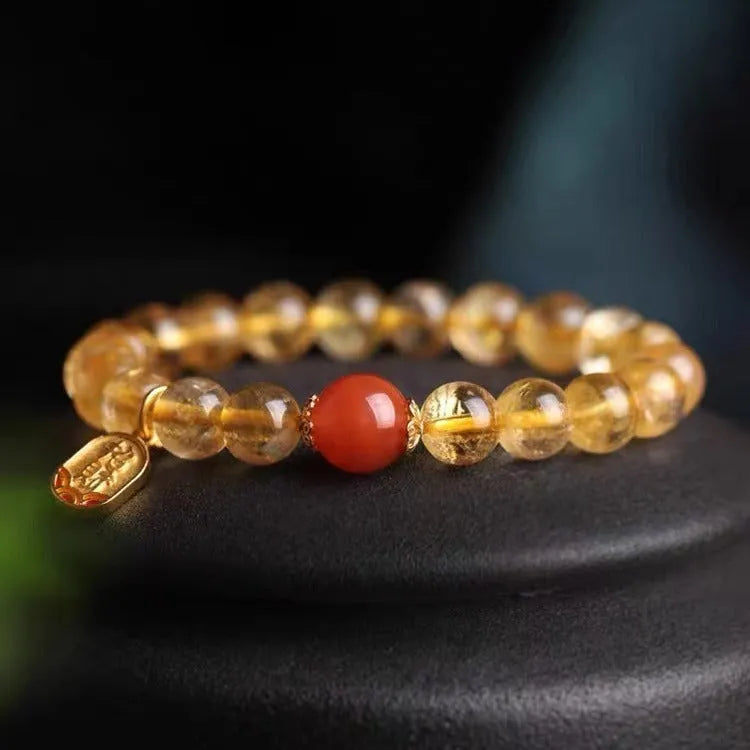 Natural red agate beaded bracelet with polished gold ruby spacers, shown in 6mm, 8mm, and 10mm bead size options.