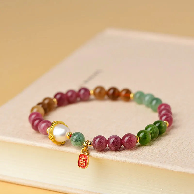 Tourmaline geometric bracelet with 6.5mm natural chalcedony beads