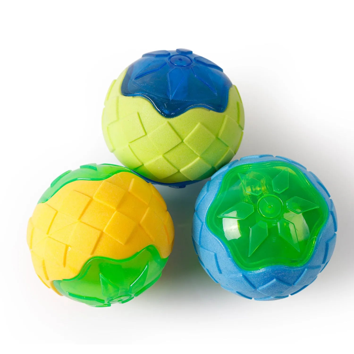 Blue dog toy ball 9 cm TPR material with squeak and glow features for chewing and fetch