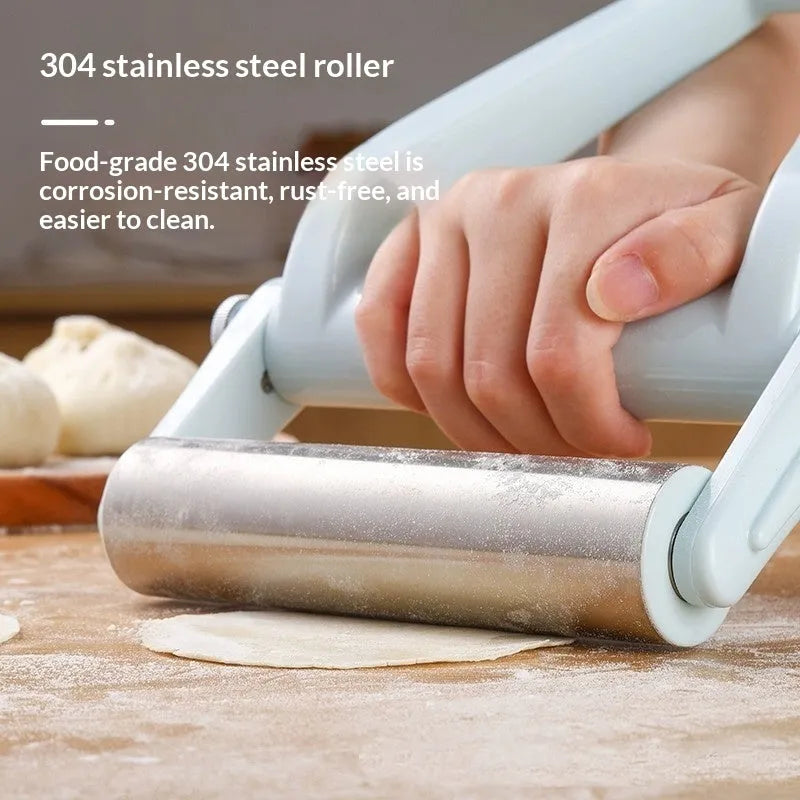 Sky blue folding stainless steel rolling pin on a white background showing its compact mechanism