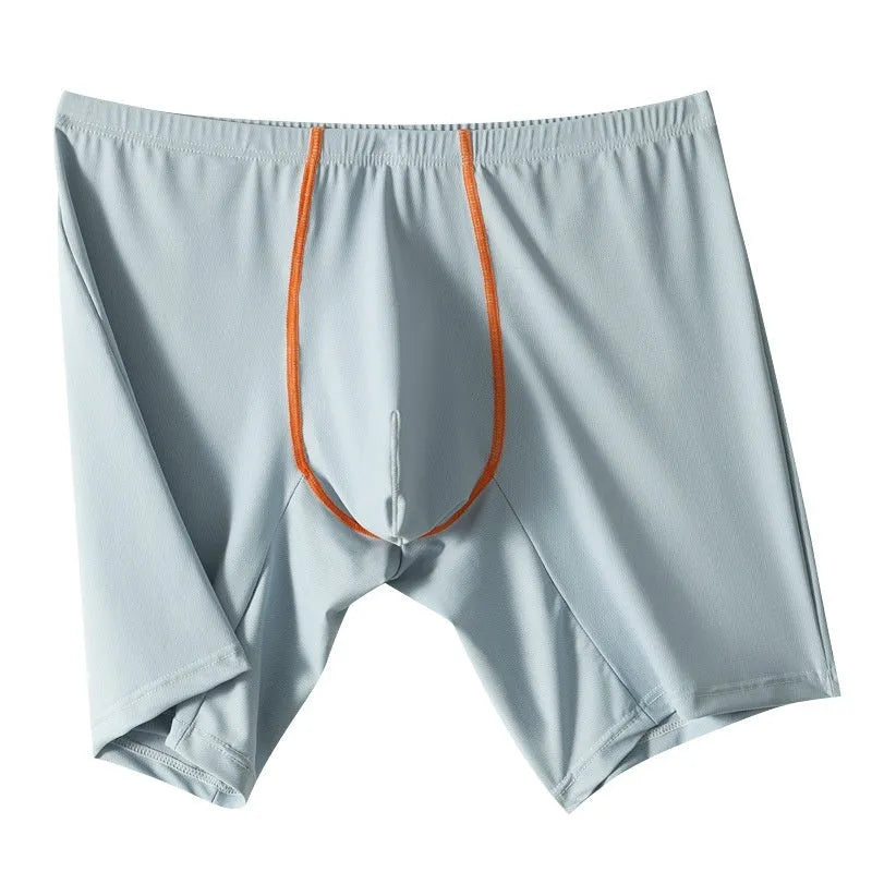 Men's ice silk nylon boxers with U convex pouch in mid-waist fit, shown in light green.