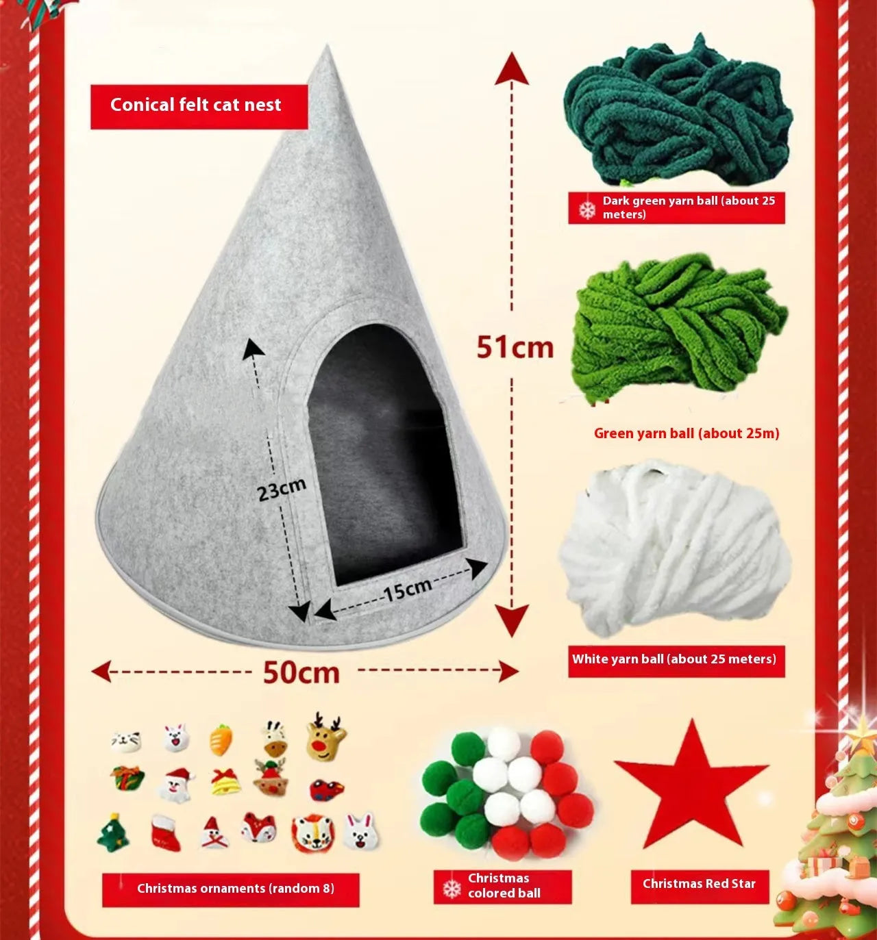 Grey handmade felt cone cat house with enclosed tent design for indoor cats