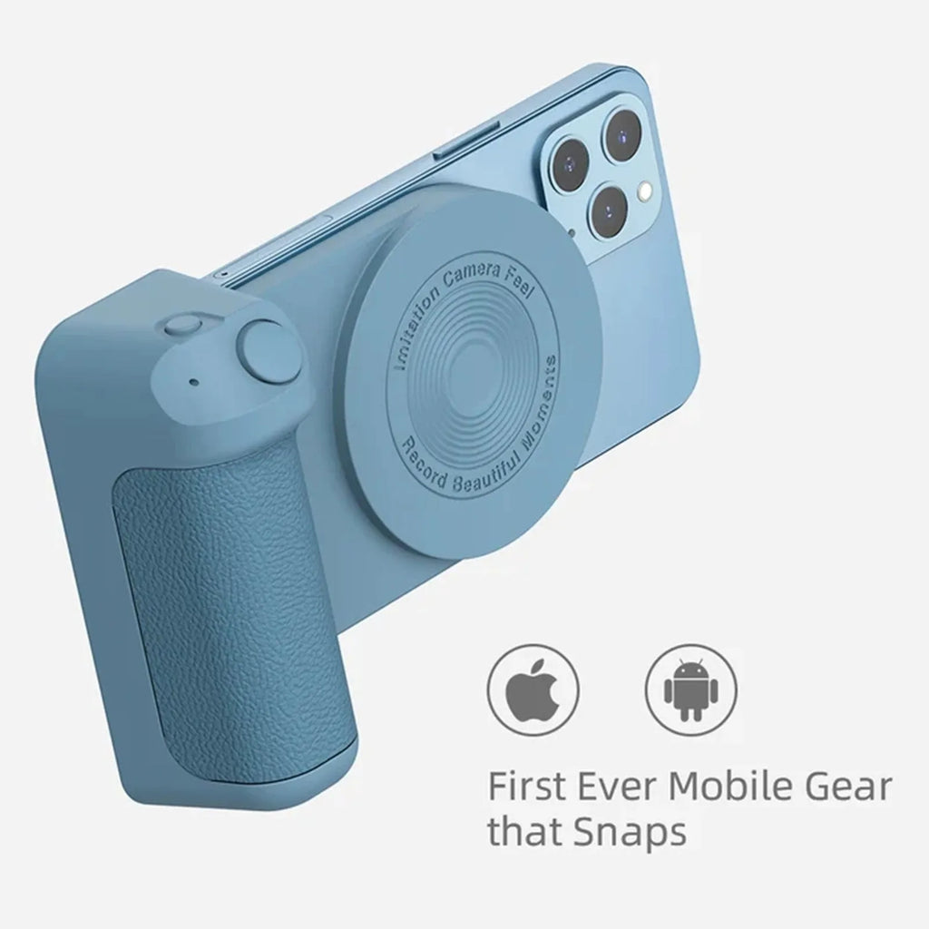 Black magnetic phone camera holder with rotatable bracket and ergonomic leather handle on a table.
