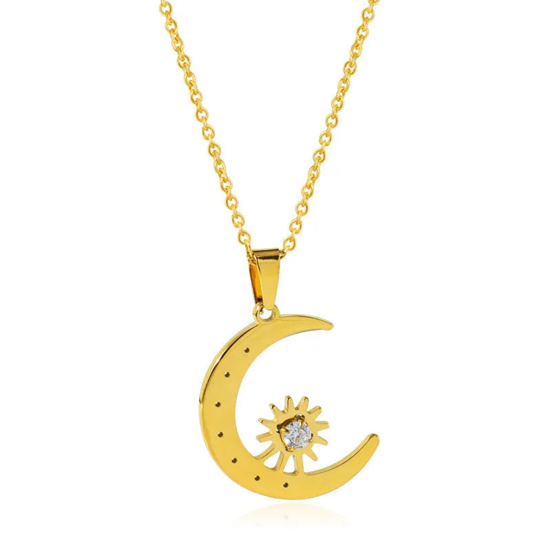 Titanium steel star moon pendant necklace for women, electroplated steel colour, geometric shape on display