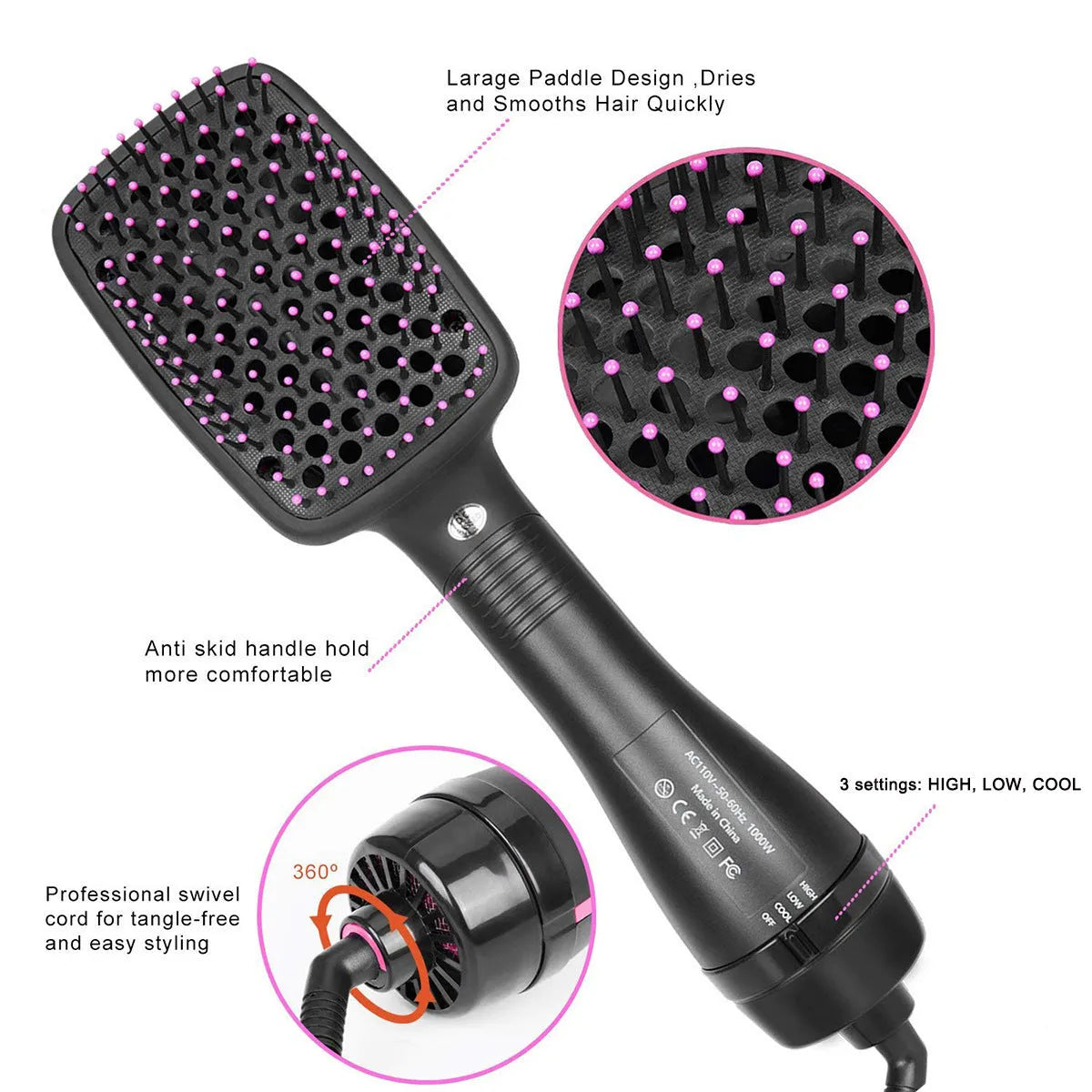 Black 2-in-1 electric hair dryer comb with 16-20mm alloy heat conductor and UK plug