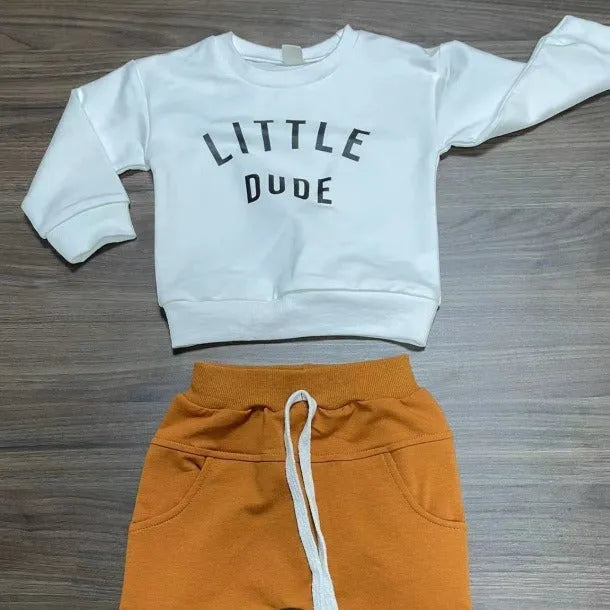 Boys' cotton letter print top and full-length trousers set in black, white or grey, sizes 70cm to 130cm