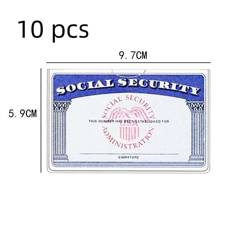Clear PVC waterproof cover for a social security card, showing dimensions of 9.7 by 5.9 centimetres.