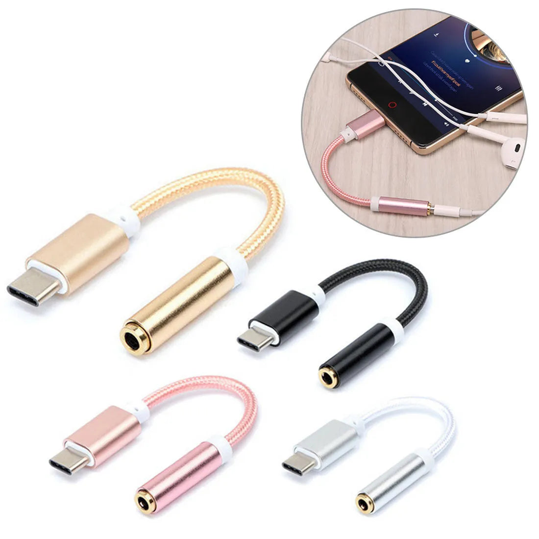 Short black nylon Type-C to 3.5mm female audio adapter cable on a white background.