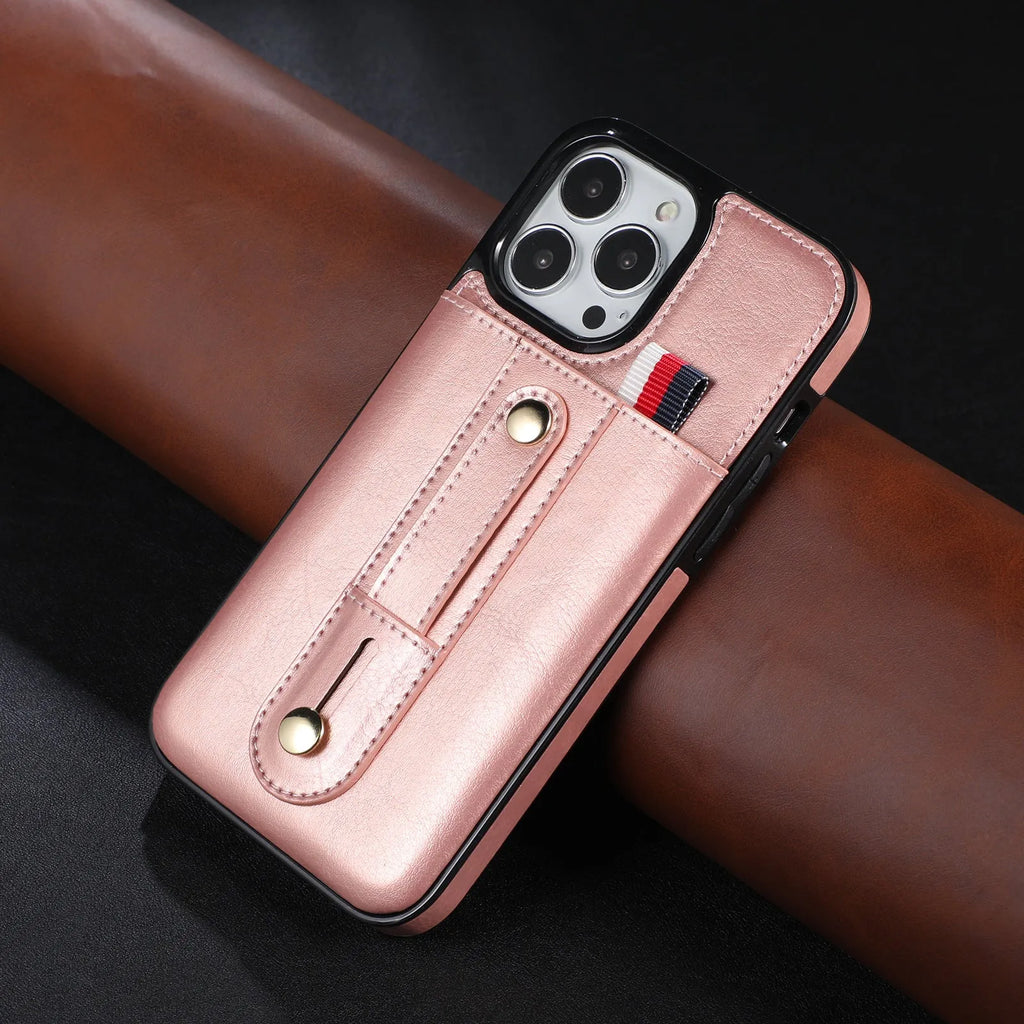 PU leather ring buckle card phone case for iPhone with bracket, showing card slot and ring grip on black back cover