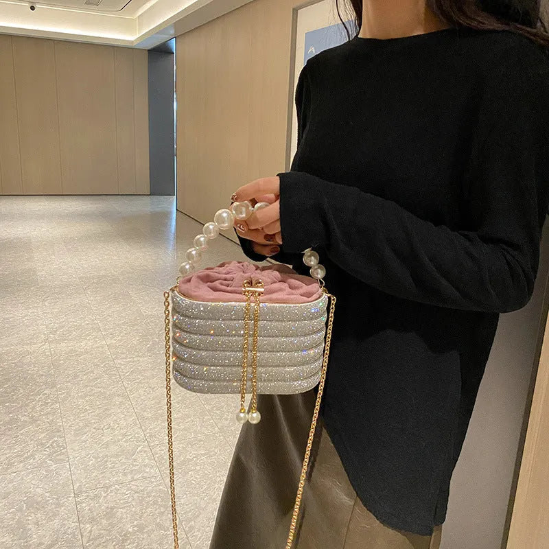 Round soft PU crossbody bag for women with beaded detail and a single strap, shown in a selection of colours.