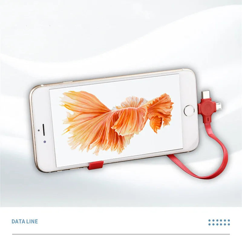 Macaron telescopic bracket three-in-one charging cable extended showing USB, Micro USB and Type-C connectors