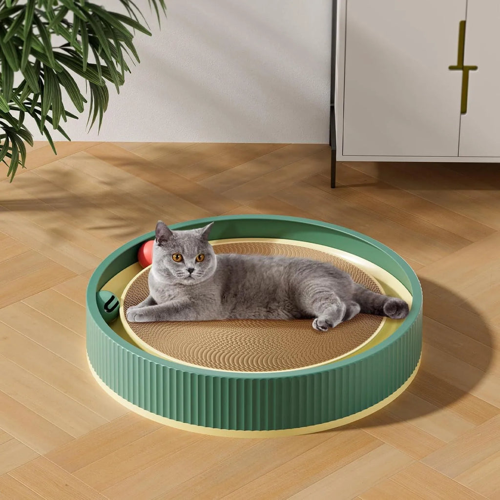 Large circular cat scratching board with moving ball toys measuring 45cm diameter