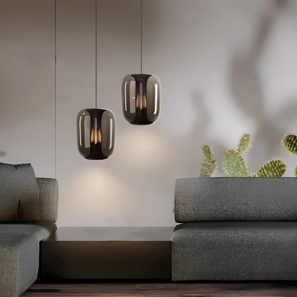 Minimalist geometric glass chandelier ceiling light in smoky grey, cognac, or clear colour.