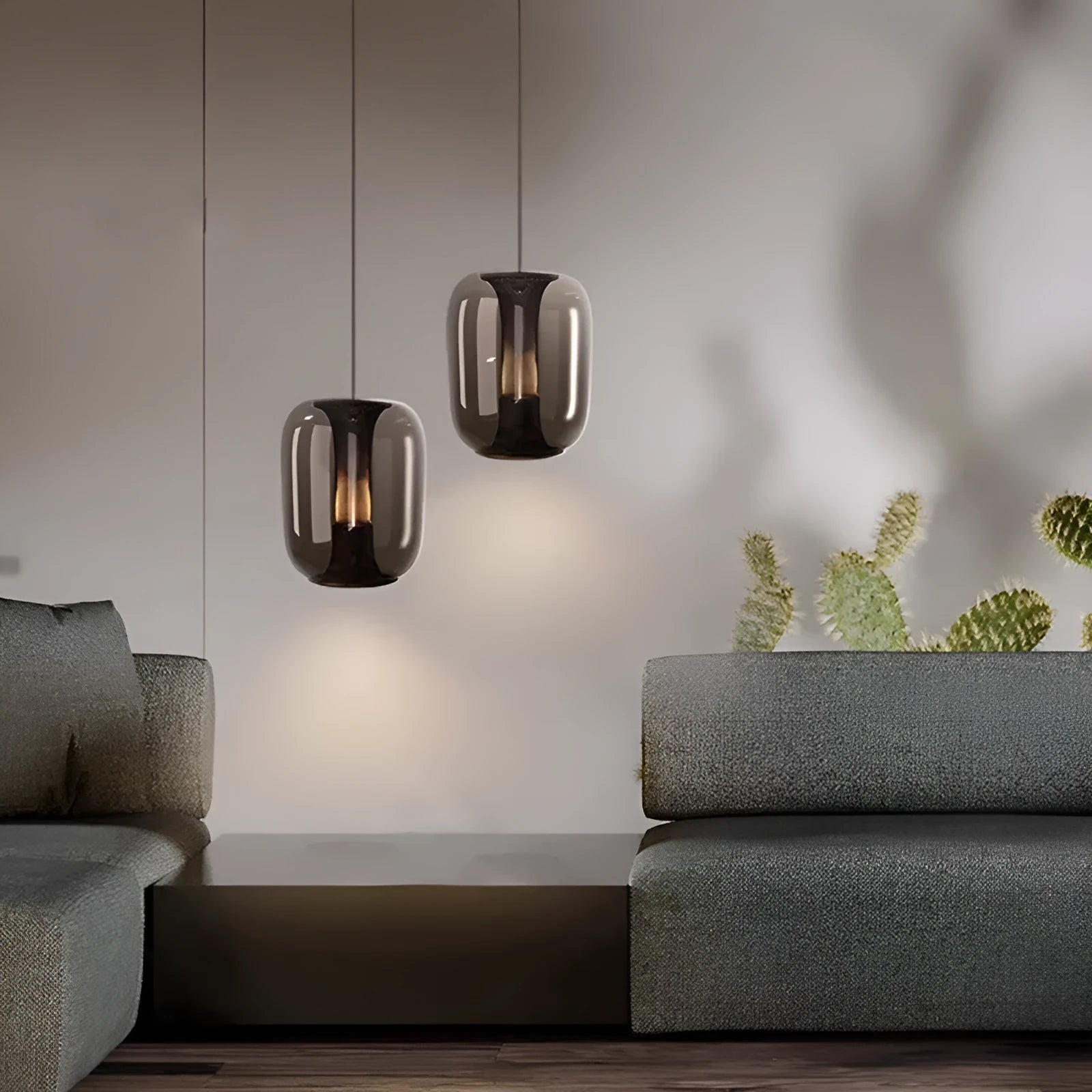 Minimalist geometric glass chandelier ceiling light in smoky grey, cognac, or clear colour.