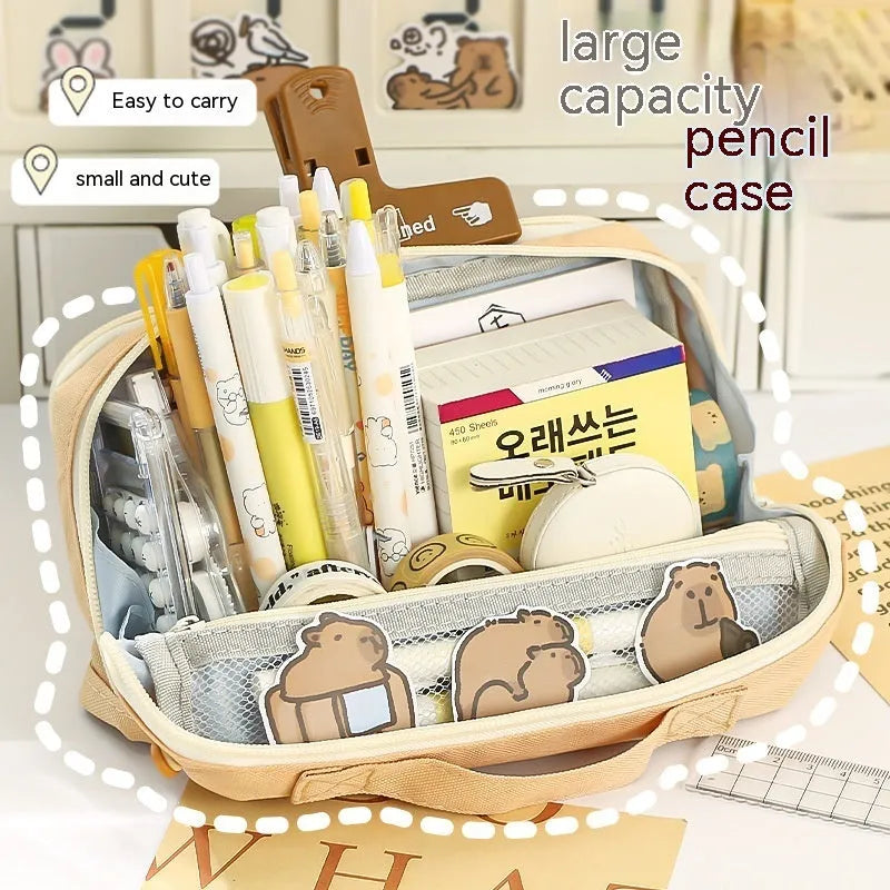 Double-sided woven fabric student pencil bag in light brown, dark coffee, green, or black