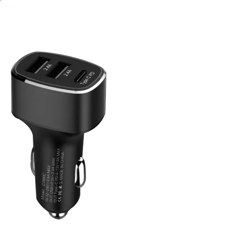 Dual USB and Type C car fast charger with QC 3.0 and PD support in black or grey