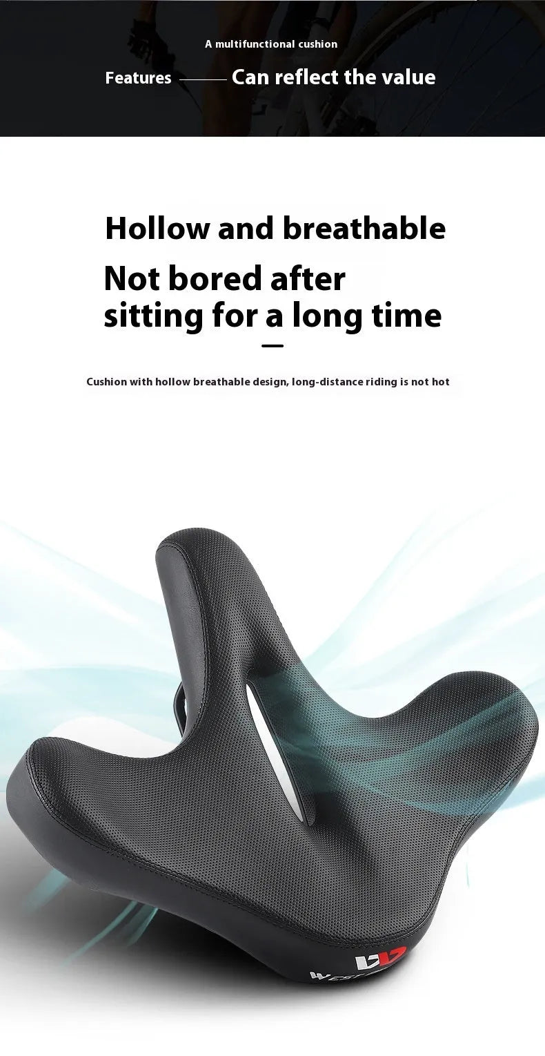 Black thick foam bicycle seat cushion on a mountain bike saddle.