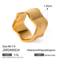 Stainless steel women's ring with wide geometric wave pattern in silver or gold tone.