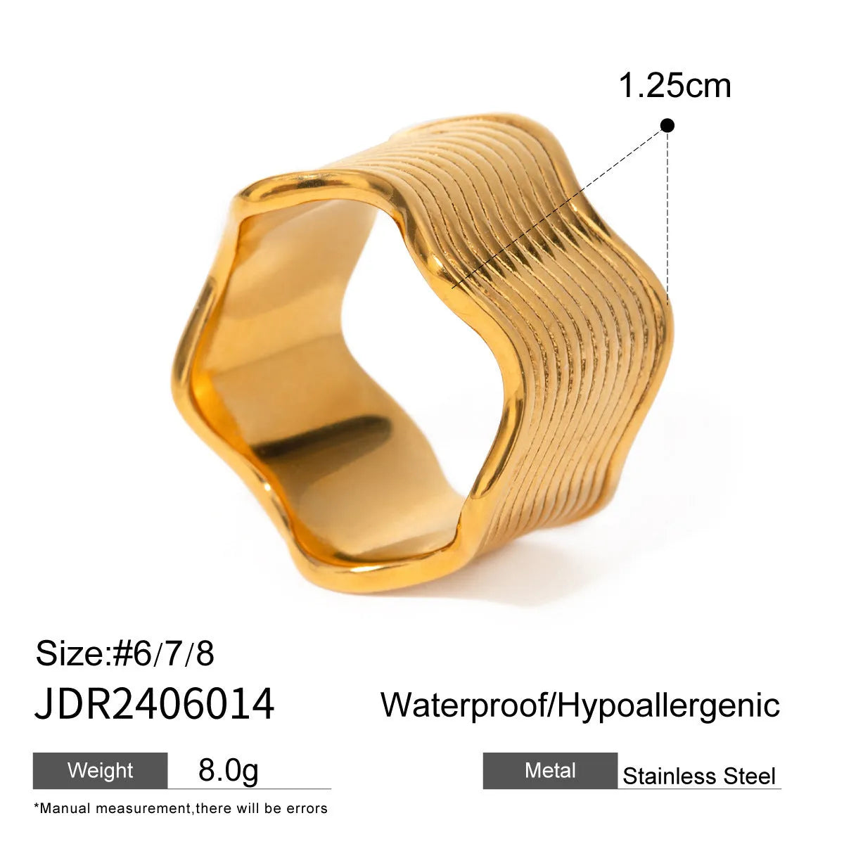 Stainless steel women's ring with wide geometric wave pattern in silver or gold tone.