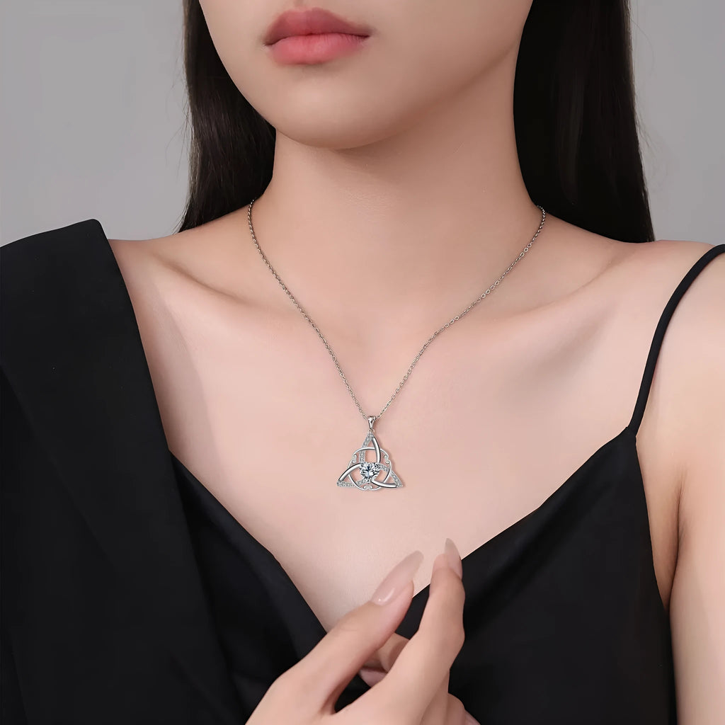 Geometric Celtic knot women's necklace in electroplated copper showing colour options