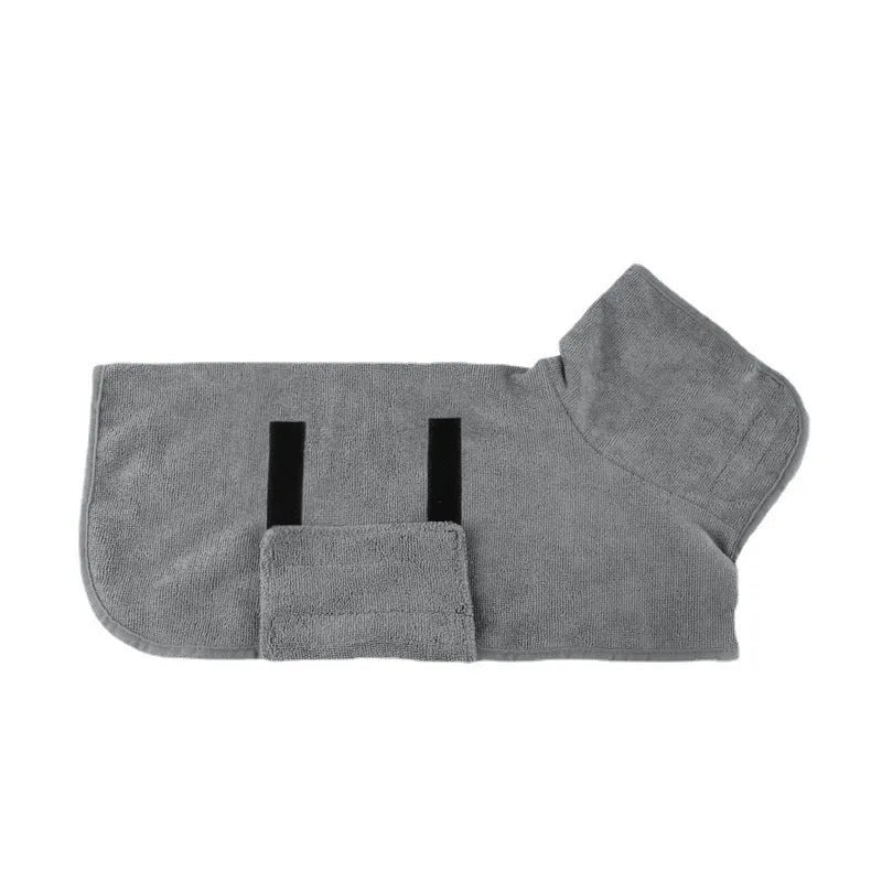 Grey nylon dog robe drying towel shown on a small dog, with orange edge trim visible.