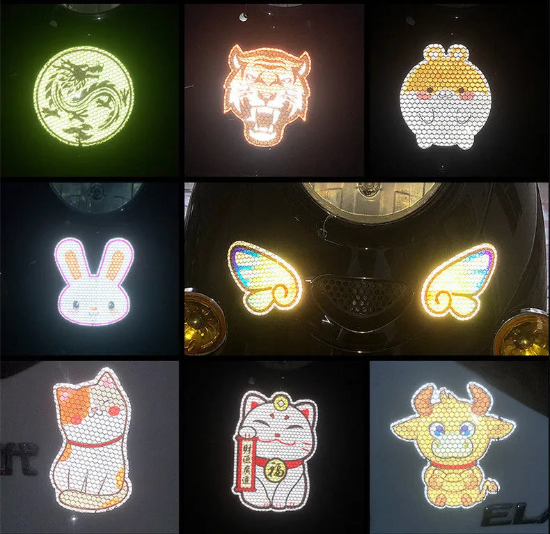 Pair of reflective warning stickers with dragon design, each measuring 9 by 5 centimetres.
