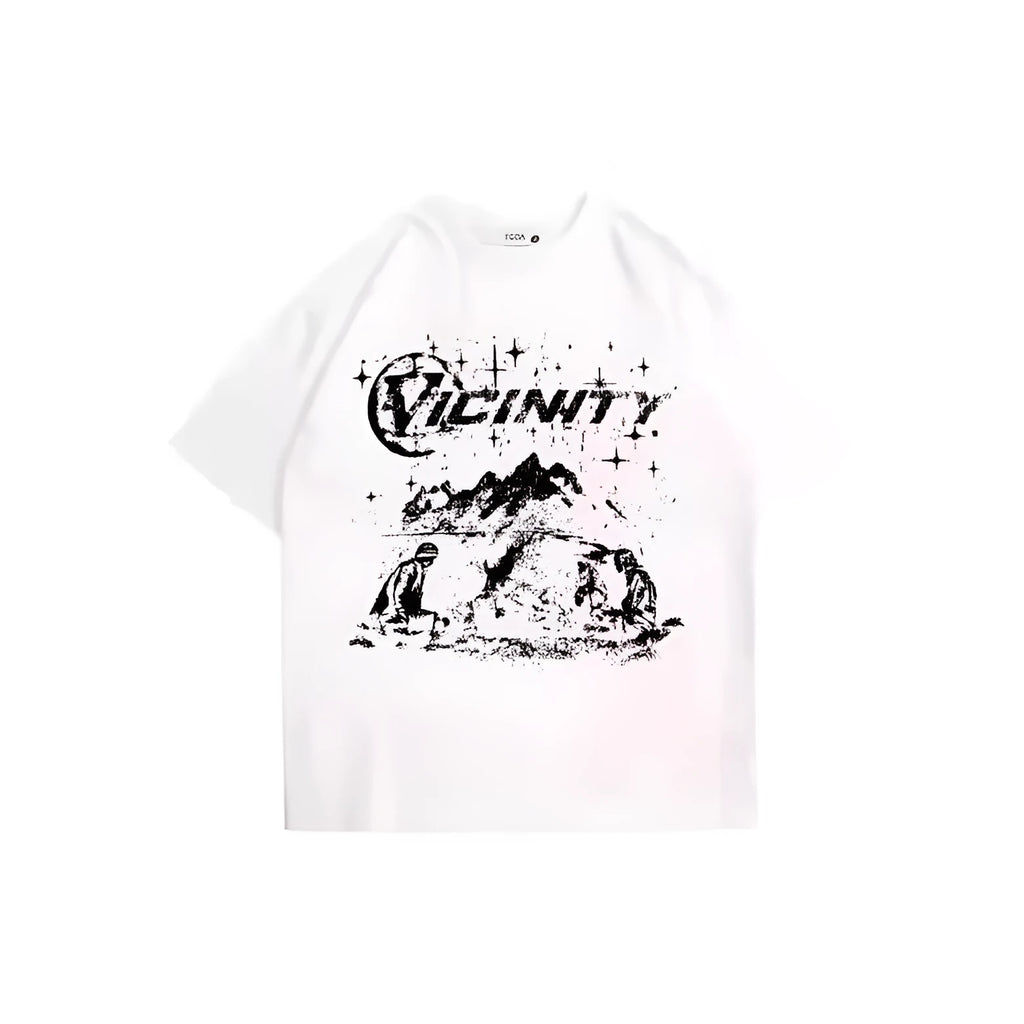 Men's hip hop print retro T-shirt on hanger, showing graphic design and polyester fabric.