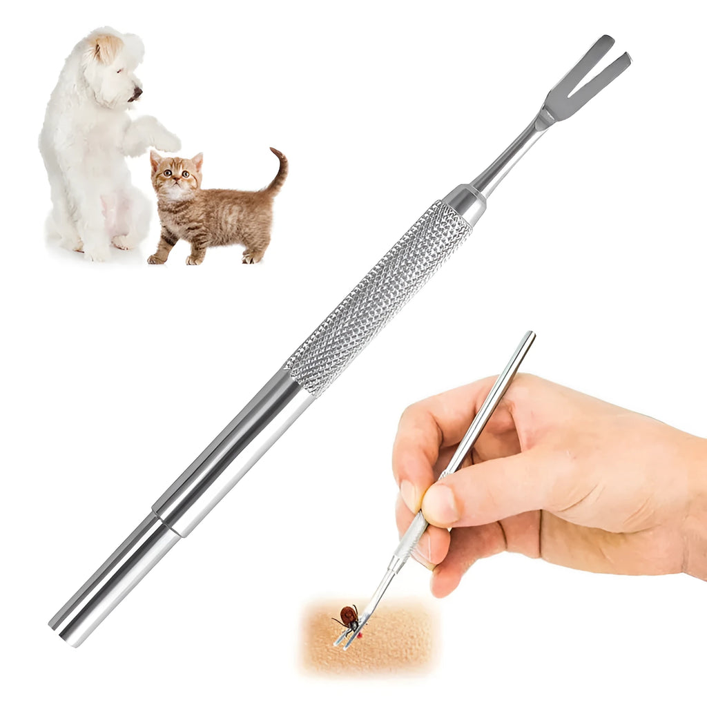 Silver stainless steel tick tweezers with fine-point tip for pet tick removal