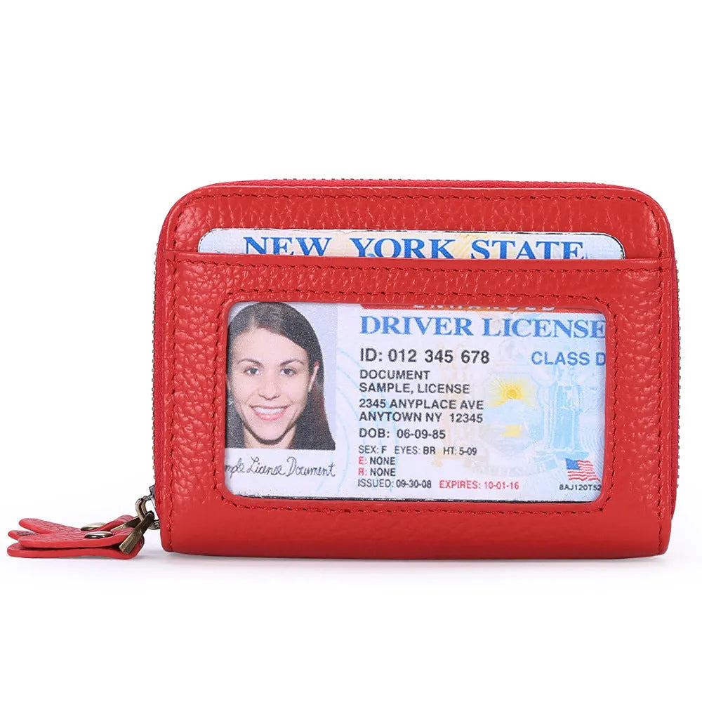 Genuine cowhide leather double layer card holder with zipper, shown in red colour with gift box.