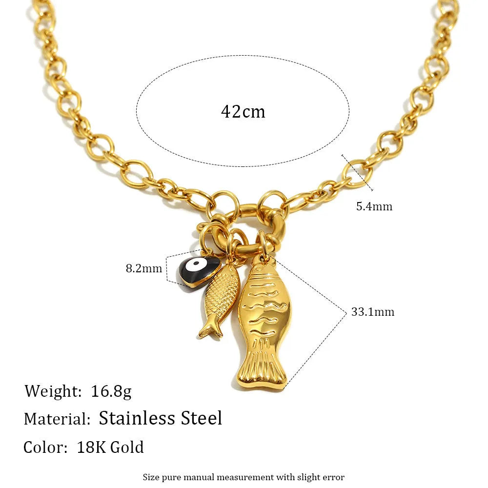 Stainless steel 18K gold plated little fish spring fastener pendant necklace on O-shaped chain, gold colour, women's adjustable 41-50cm